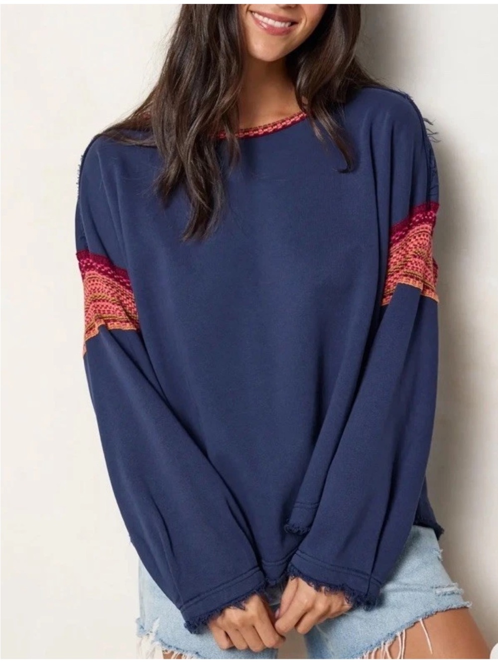 NWT Natural Life Knit Trim Sweatshirt L / XL Navy Crochet Pullover Boho Top